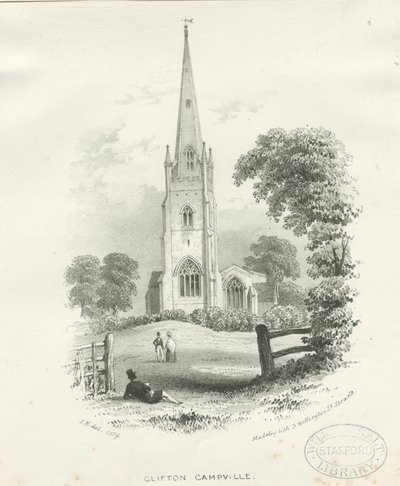 Clifton Campville Church: litografi (vinjeterad) av School English