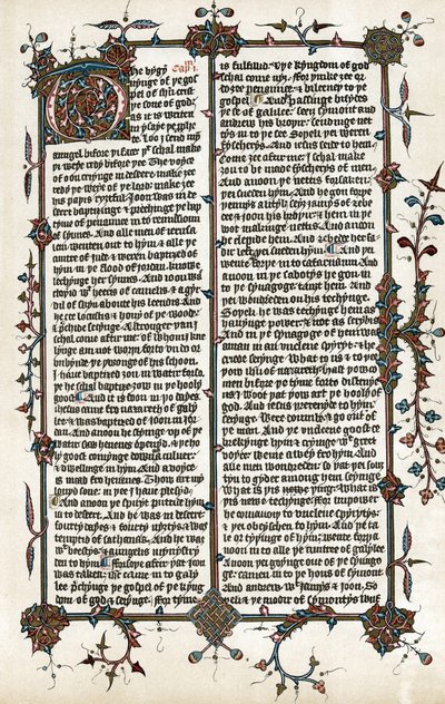 Kopia av en sida ur Markusevangeliet, Wycliffes översättning av Bibeln till engelska ca 1400 (tryck) av School English