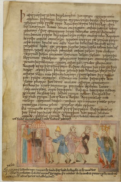 Cotton Claudius B. IV, f.58v En scen som visar anglosaxisk rättvisa, illustration från (vellum) av School English