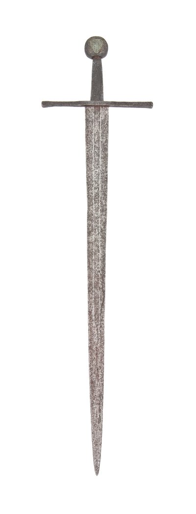 Senmedeltida bredsvärd, med tidigare vikingablad och bärande vapen från familjen De Bohun, Earls of Hereford och Essex av School English