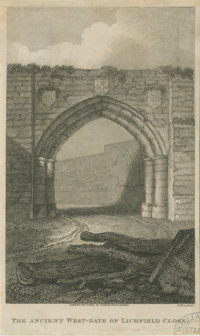 Lichfield - Ancient West Gate of The Close: gravyr, nd [c 1805] (tryck) av School English