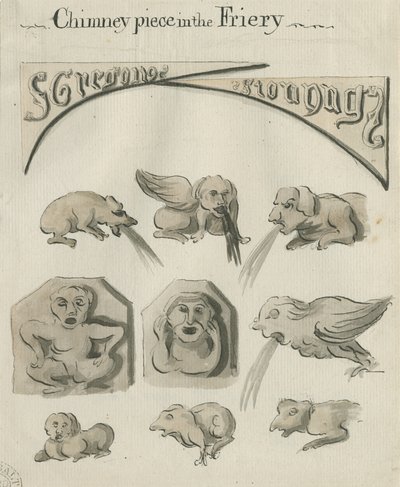 Lichfield - Chimney Piece in the Friary: penn- och tvättteckning, nd [?sent 1700-talet] (ritning) av School English