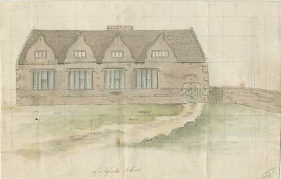 Lichfield - Grammar School: akvarellmålning och [?sent 1700-tal] (målning) av School English