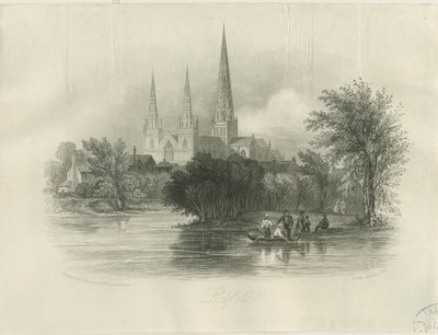 Lichfield Cathedral - South West View: gravyr (vinjeterad), nd [c 1842] (tryck) av School English