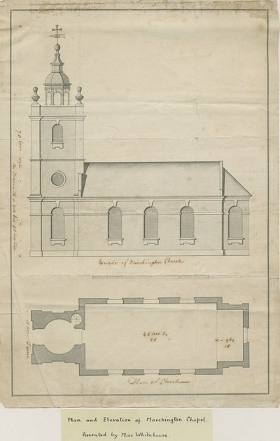 Marchington Church - Exteriör höjd och inre plan: pennteckning, nd [?mitten av 1700-talet] (ritning) av School English