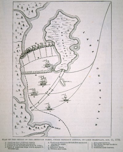 Plan för nederlaget för den amerikanska flottan vid Champlainsjön (litho) av School English
