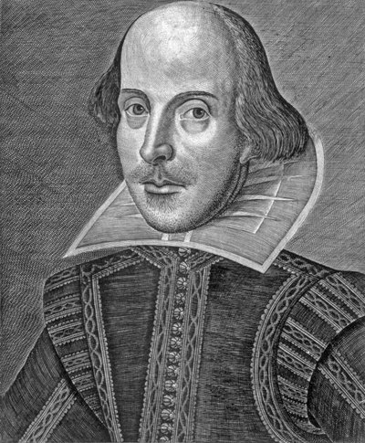 Porträtt av William Shakespeare, graverad av Martin Droeshout (c.1560-c.1642) av School English