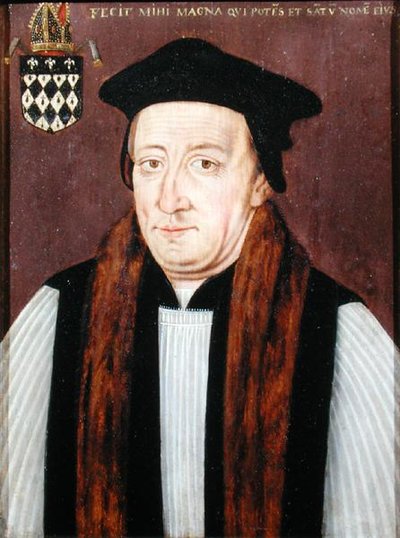 Porträtt av William av Waynflete, biskop Wayneflete (olja på panel) av School English