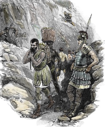 Romersk legionär övervakar anglosaxiska arbetare i en tenngruva, England 50 e.Kr. (tryck) av School English
