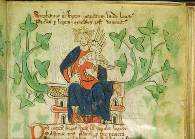 Roy.20 A II f.7 Kung Stefan på tronen, skriven under Edward II:s regeringstid (1284-1327) av School English