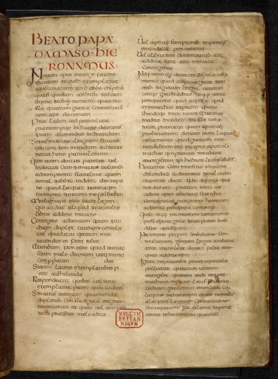 Royal MS Q E VI f.2r Sida från evangelierna (den kungliga bibeln) (vellum) av School English