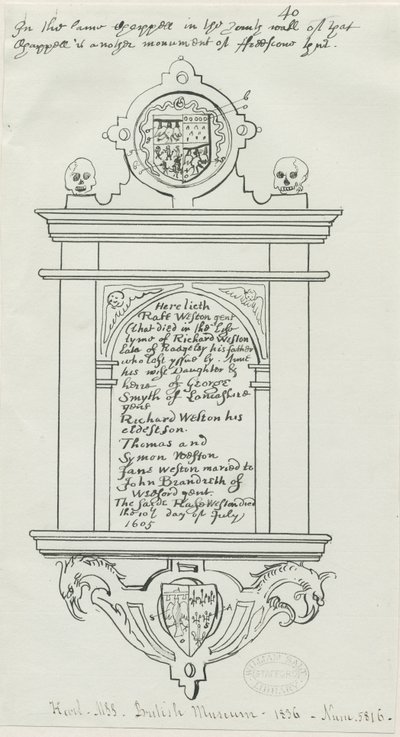 Rugeley Church (gammal) - Monument till Rafe Weston: ritning med penna och bläck av School English