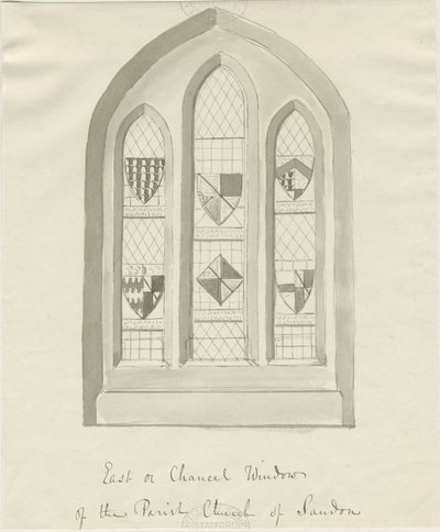 Sandon Church - East window of Chancel: sepiatvättteckning, nd [?1700-talet] (ritning) av School English