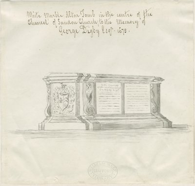 Sandon Church - Tomb of George Digby: sepiatvättteckning, nd [?18th cent] (ritning) av School English
