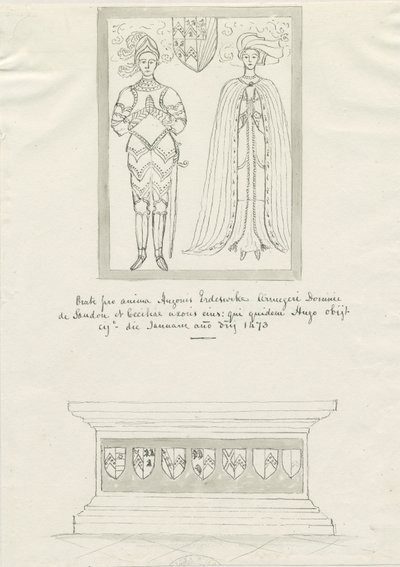 Sandon Church - Tomb of Hugh Erdeswicke och Cecilia [Bassett]: ritning med penna och bläck, nd [?1700-talet] (teckning) av School English