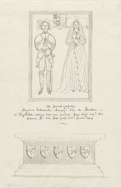 Sandon Church - Tomb of Hugh Erdeswicke och Elizabeth [Harcourt]: ritning med penna och tvätt, nd [?1700-talet] (teckning) av School English