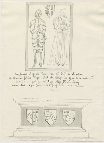 Sandon Church - Tomb of Hugh Erdeswick och Mary [Legh]: ritning med penna och tvätt, nd [?1700-talet] (teckning) av School English