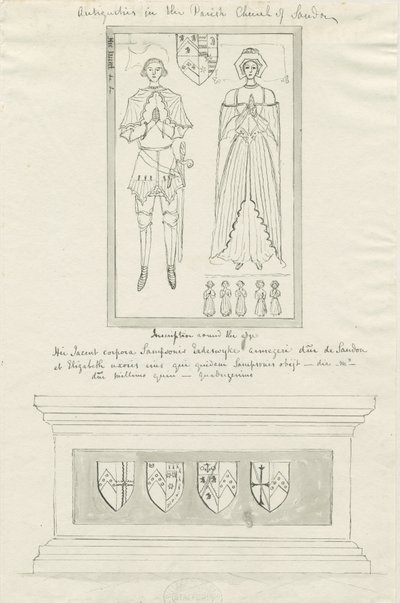 Sandon Church - Tomb of Sampson Erdeswick och Elizabeth [Grå]: ritning med penna och bläck, nd [?1700-talet] (teckning) av School English