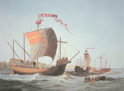 Ships of the Reign of Edward IV 1482 (färg litho) av School English