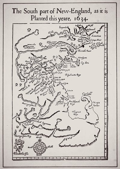 Södra delen av New England som den planteras i år 1634 (litho) av School English