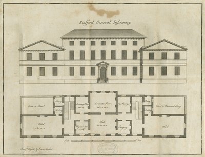 Stafford - County General Infirmary: pennteckning, nd [sent 1700-tal] (ritning) av School English