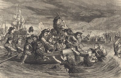 Vildgässen – jakobitiska irländska soldater lämnar Limerick för Frankrike 1691 (gravyr) av School English
