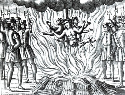 Berättelsen om de tre martyrerna från Guernsey som brändes på bål, från en utgåva av "Acts and Monuments" av John Foxe (1516-87) (gravyr) av School English