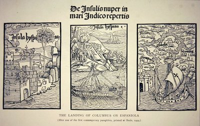 Columbus landstigning på Espaniola, efter en samtida broschyr publicerad i Basel 1494 (litho) av School English