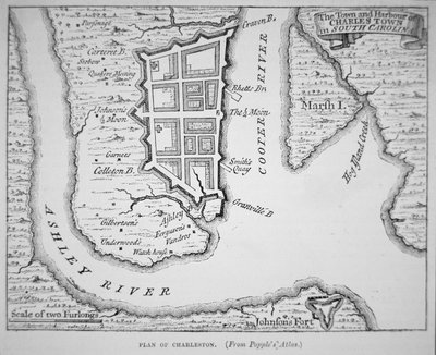 Staden och hamnen i Charles Town (Charleston), South Carolina (litografi) av School English