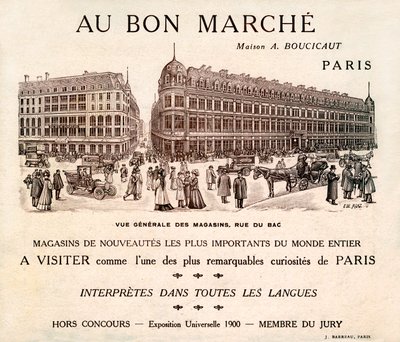 Annons för "Au Bon Marche" på Rue du Bad, Paris (tryck) av School French
