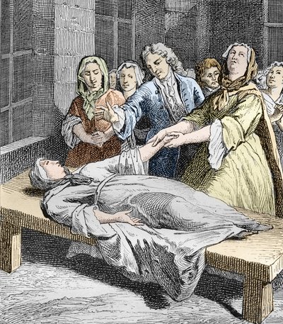 Catherine Bigot upplever jansenistiska konvulsioner, från "Les Mysteres de la Science" av Louis Figuier (gravyr) av School French