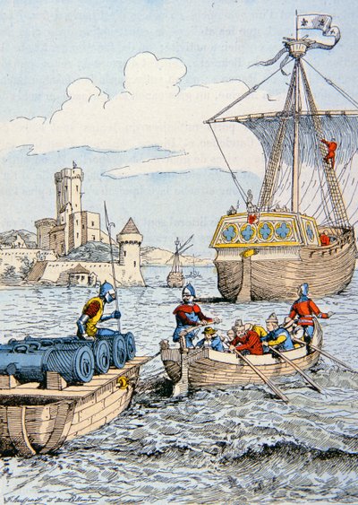Karl VIII:s expedition till Italien 1494 (färg litho) av School French