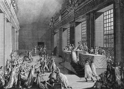 Days of 18 and 19 fog An VIII (9 och 10 november 1799): Bonapartes statskupp i kammaren för rådet för fem cent (fem cent) (rum med 500) som störtade styrelsen, tog makten och fick namnet Förste konsul. Paris, Institutets bibliotek av School French