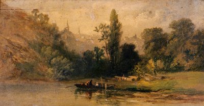 Dinan från floden, ca 1800 (olja på pannå) av School French