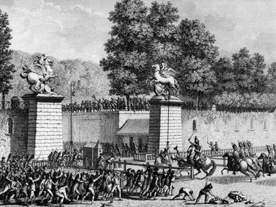 Först av den franska revolutionen: Monsieur Charles Eugene de Lorraine, prins av Lambesc (1754-1825) gick in i Tuilerierna med en avdelning av kungligt tyska den 12 juli 1789 för att förtrycka de första revolutionärerna. Paris, Bibliotek vid Institute of H av School French