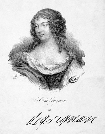 Francoise Marguerite de Sevigne, grevinna av Grignan (1648-1705), dotter till Marie de Rabutin-Chantal (Rabutin Chantal), markisin av Sevigne dit Madame de Sevigne (1626-1696) - gravyr, n.d. av School French