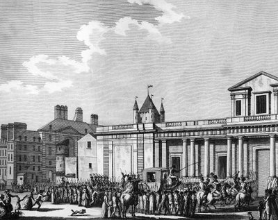 Franska revolutionen: Överföring av kungafamiljen (Louis XVI, Marie Antoinette, delfinen Louis Charles de France eller Louis XVII och Marie Therese känd som "Madame Royale") till Temple-fängelset i Paris den 13 augusti av School French