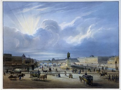 Allmän bild av Louvren med statyn av Henrik IV av School French