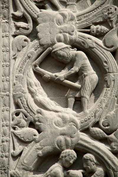 Gotisk konst: Piright av den högra porten till den västra fasaden av basilikan Saint Denis, som representerar fältens arbete: augusti. Saint-Denis, Frankrike av School French