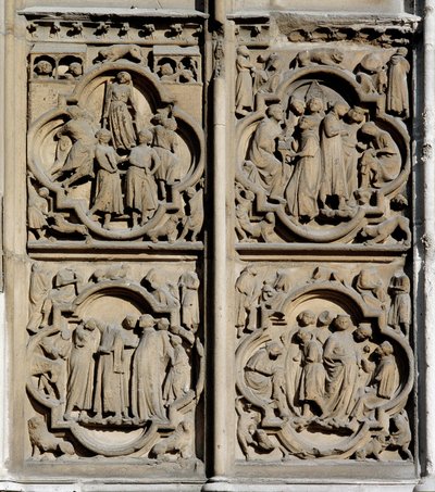 Gotisk konst: undervisningsscener. Detalj av den södra portalen av Cathedrale Notre Dame (Notre-Dame) i Paris av School French