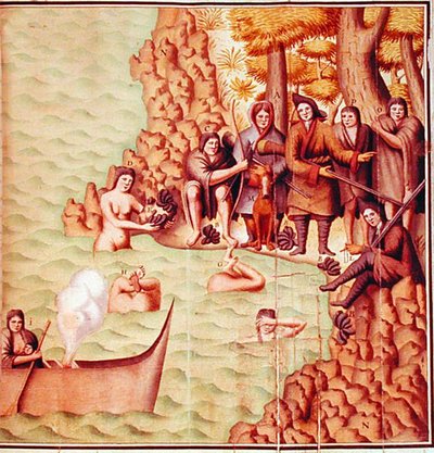 Indianer från Magellansundet med franska upptäcktsresande, illustration från "Voyage de Gouin de Beauchesne". av School French