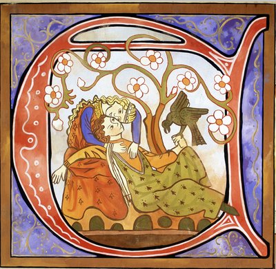 Inhabited Initial A föreställande en trubadur (färg litho) av School French