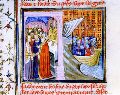 Eleonora av Akvitaniens äktenskap med Ludvig VII av Frankrike (1137) till vänster, och avfärd till andra korståget 1147-1149, från "Chronique de St Denis" (pergament) av School French