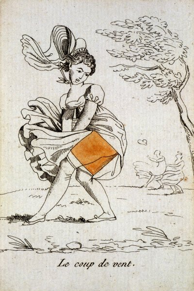 Gammalt kort att spela: diamanternas ess - "" Smaken av vind""" lyfter en kvinnas kjol. Spelkortsmuseum, Issy-les-Moulineaux. av School French