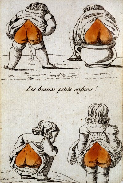 Gammalt kort att spela: hjärtans fyra - "" Vackra små barn"" som visar sina hjärtformade skinkor. Musée de la Carte à Joueur, Issy-les-Moulineaux. av School French