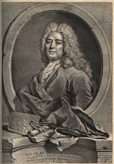 Porträtt av Nicolas de Largillierre (Largillier) (1656-1746) Fransk målaregravyr av Dupuis efter målningen av Gueuslain av School French