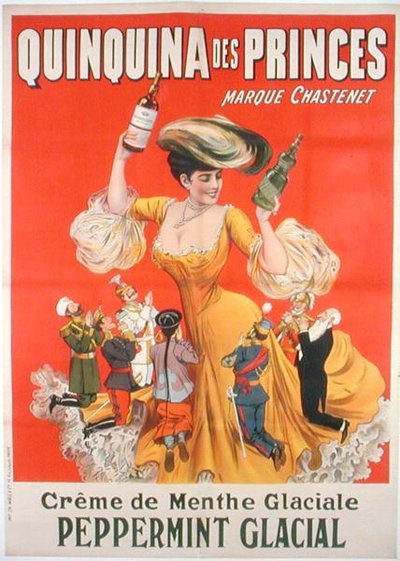 Affisch som reklamerar "Quinquina des Princes" fransk creme de menthe (litho i färg) av School French