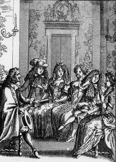 Representation av en scen i pjäsen "" La critique de l’ecole des femmes"" (1663) av Jean Baptiste Poquelin dit Moliere (1622-1673). av School French
