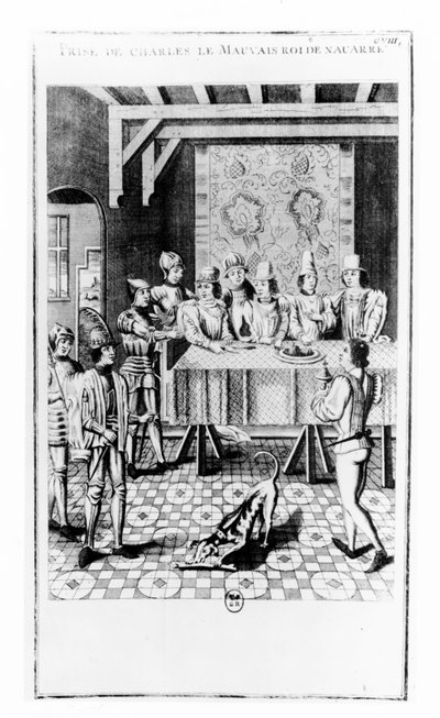 Gripandet av Karl II den onde, kung av Navarra, 1356 (gravyr) av School French
