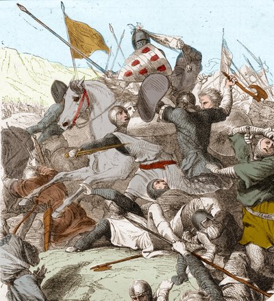 Slaget vid Hattin, 4 juli 1187 (färg litho) av School French